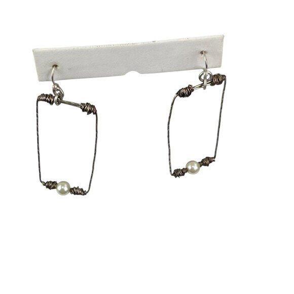 Handcrafted Wire & Pearl Rectangular Dangle Earrings - Picture 5 of 8